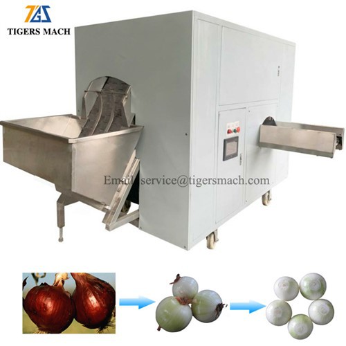 タマネギの皮むきと根の切断機